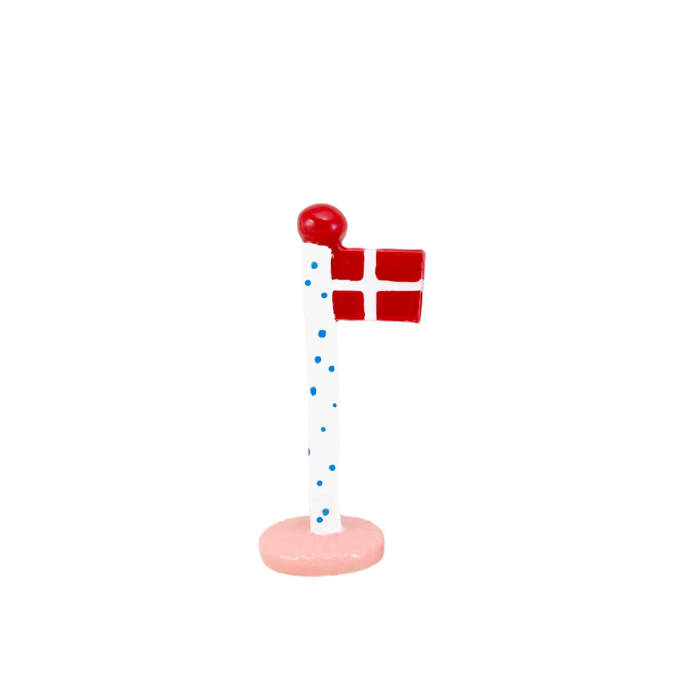 Polkadotflag med lyserød fod m. rød knop - H14-18 cm.